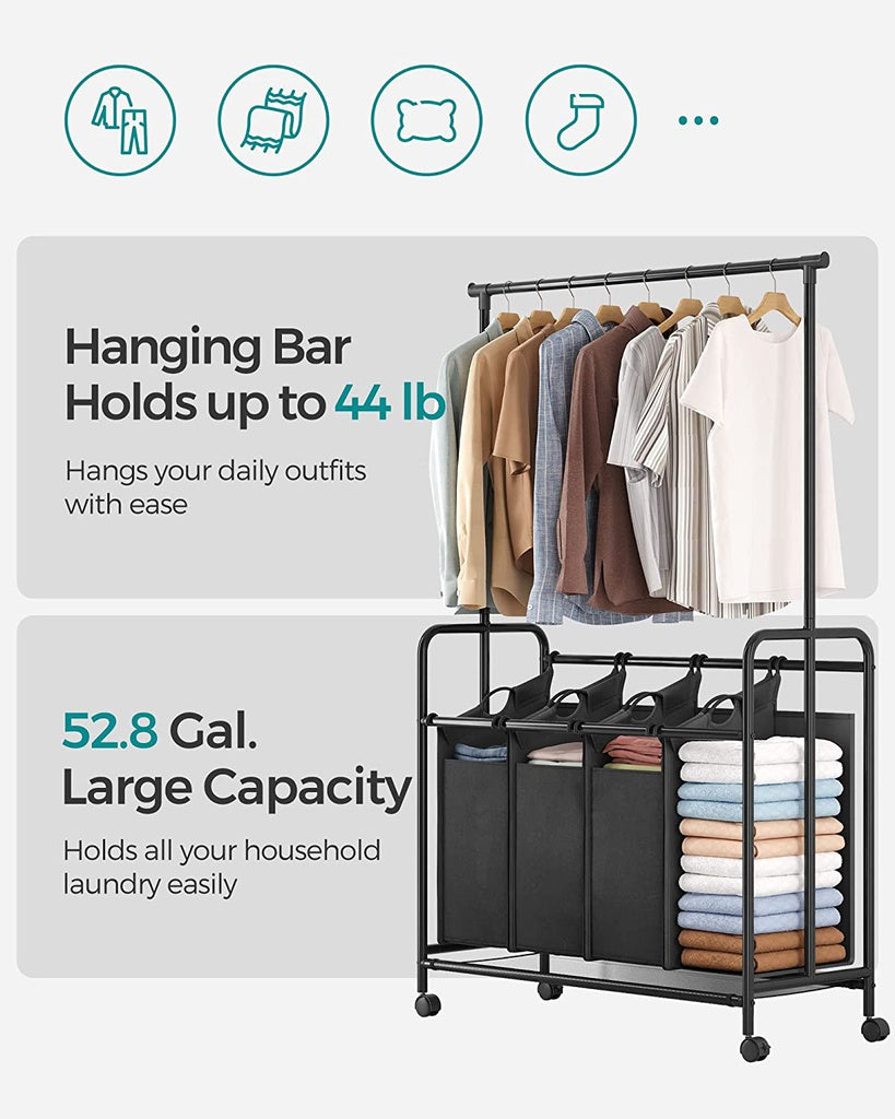 4-Bag Laundry Sorter Rolling Cart with Hanging Bar