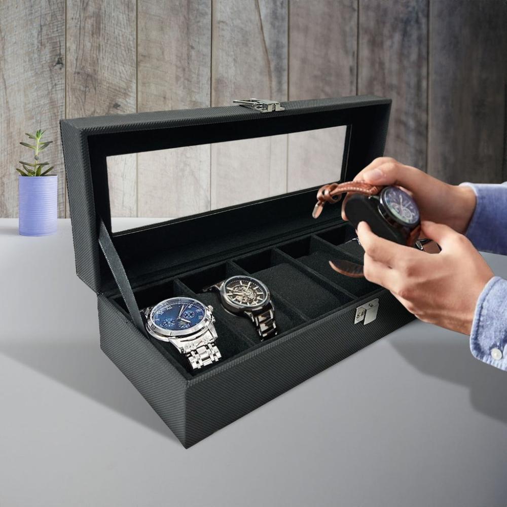 6 Slot Watch Box with Transparent Display Window (Black)