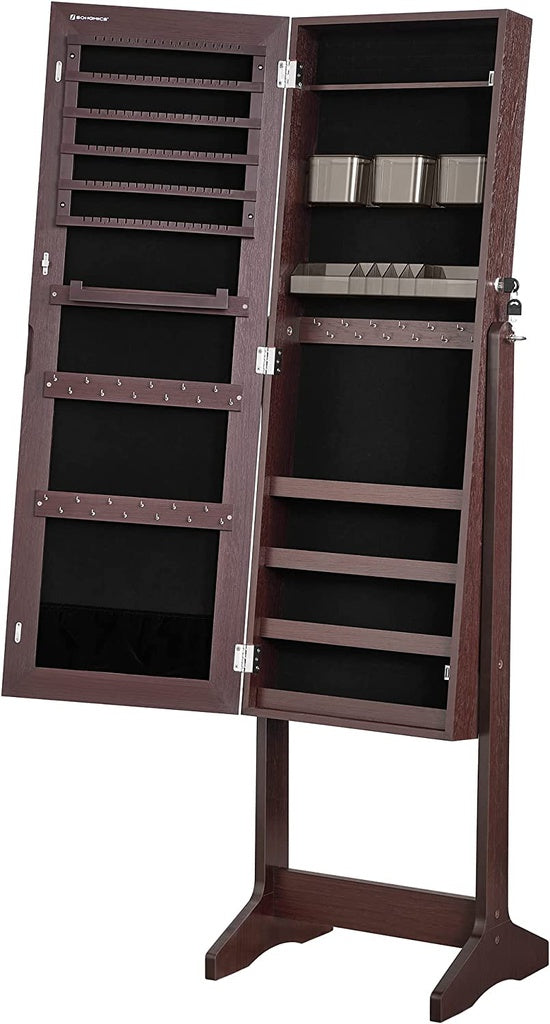 Jewelry Cabinet Armoire with Full-Length Frameless Mirror - Brown