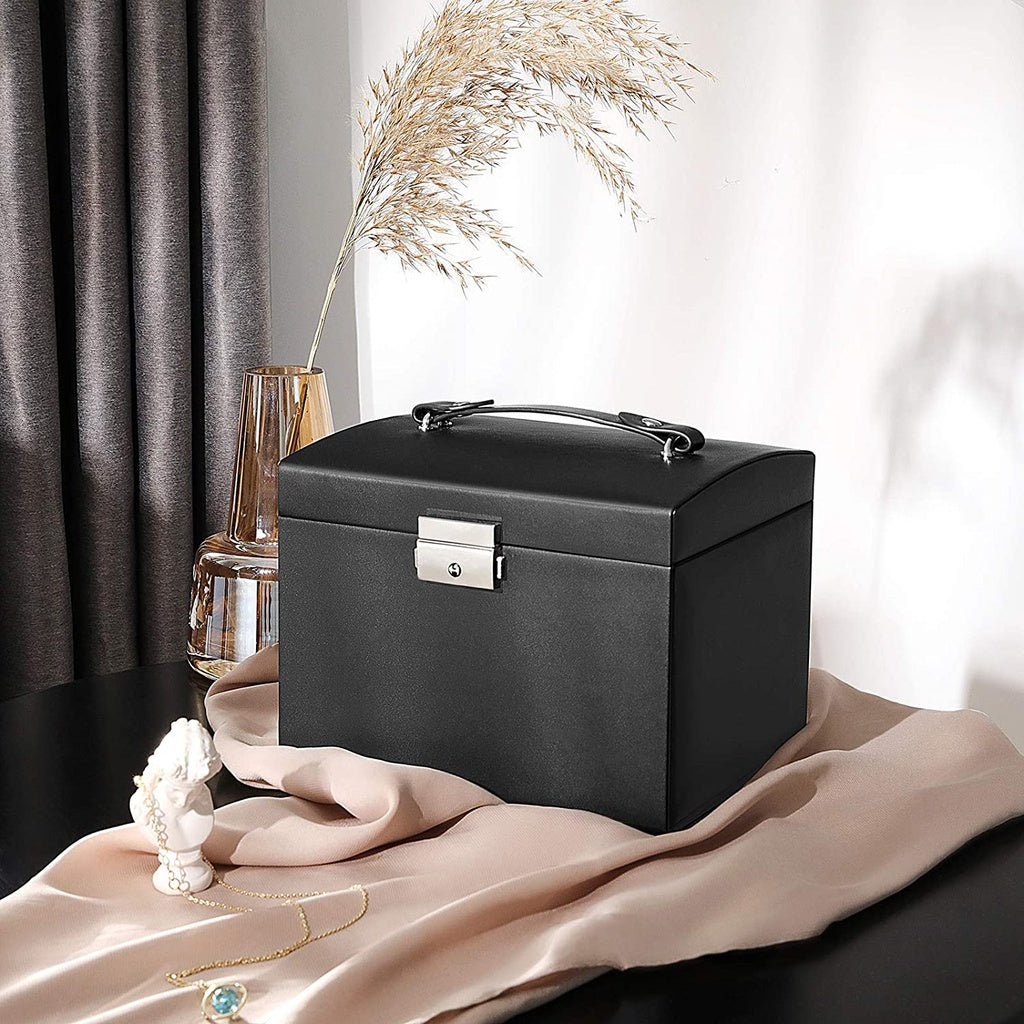 Lockable Jewellery Box Case with 2 Drawers and Mirror - Black