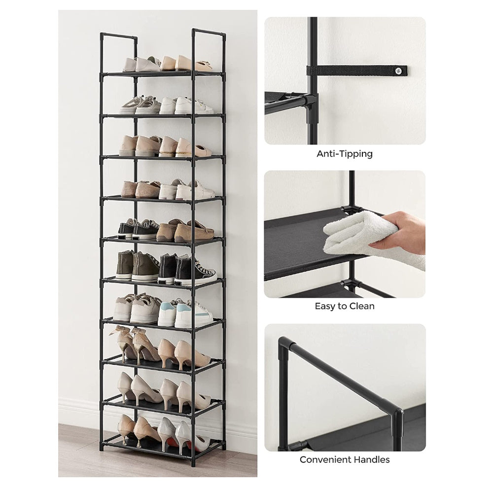 10 Tier Metal Shoe Rack Non-Woven Fabric Shelves - Black