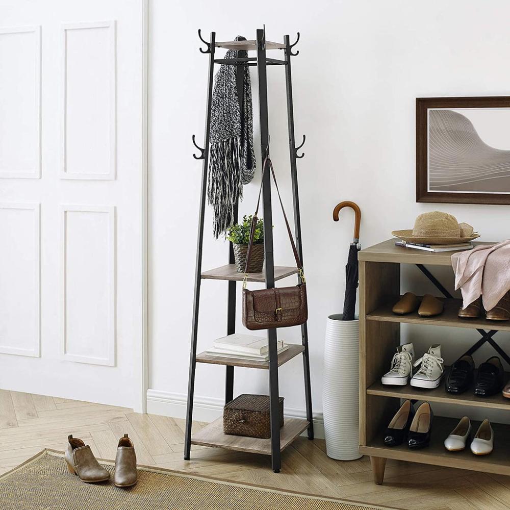 Industrial Greige Coat Rack Stand with 3 Shelves