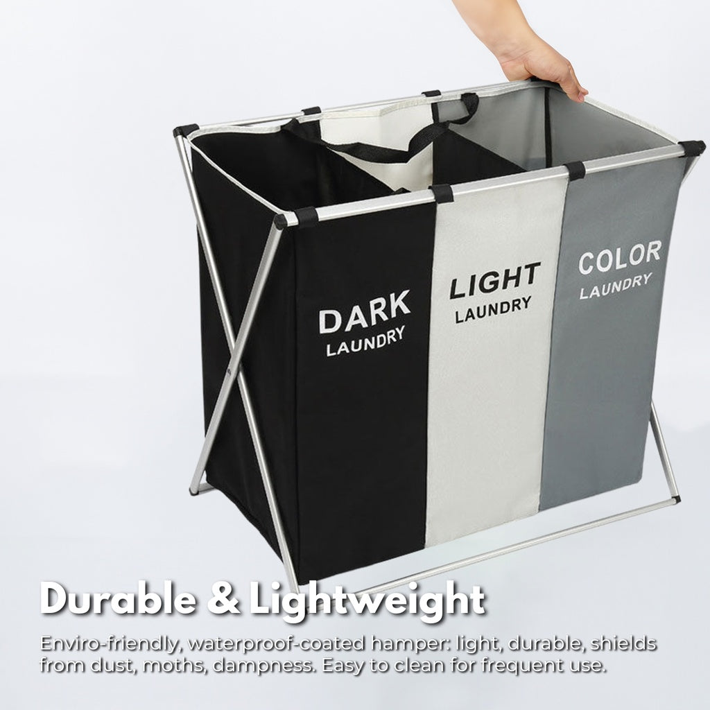 Foldable Laundry Cloth Hamper with 3 Sections - 135L (White + Grey + Black)