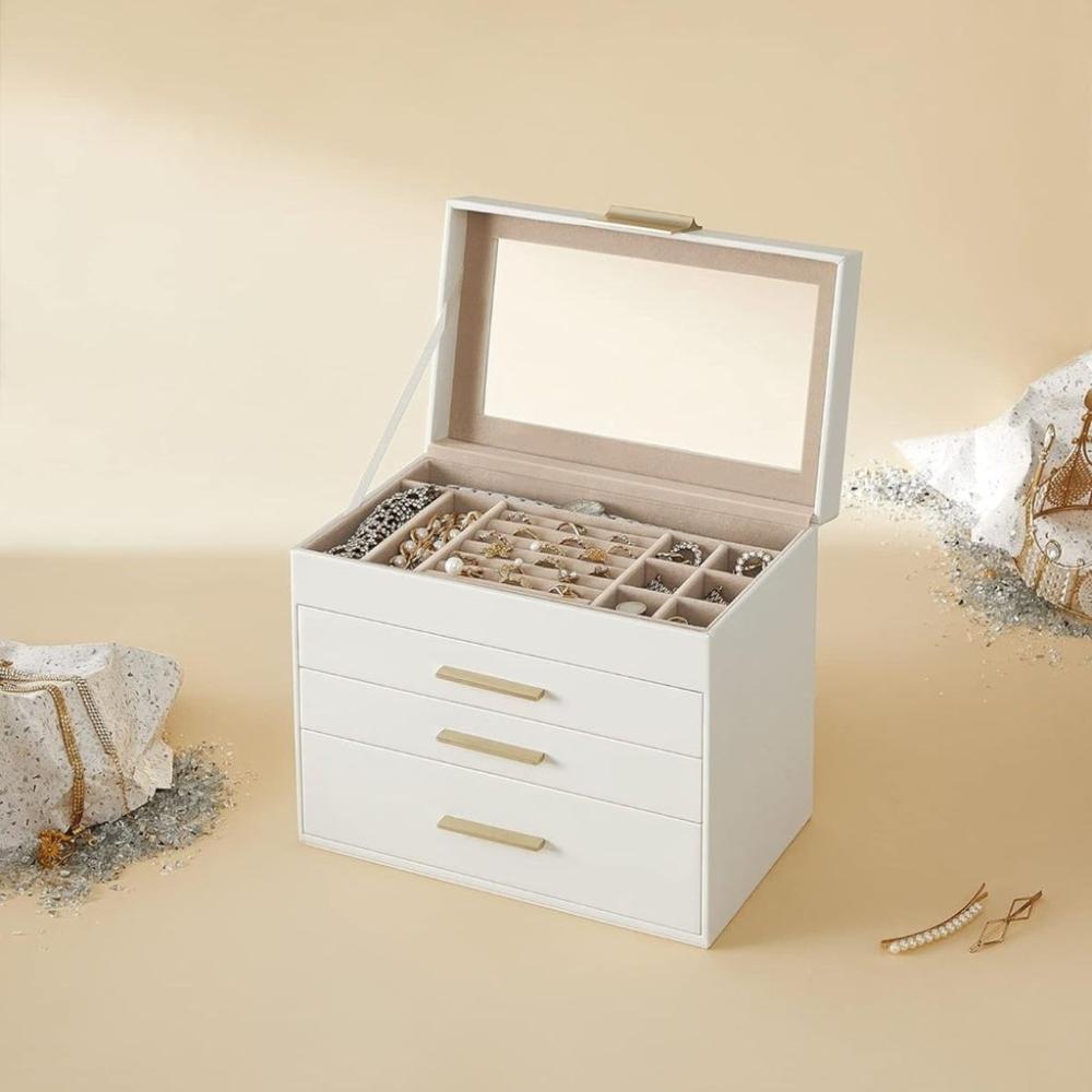 4-Layer Jewelry Box with 3 Drawers and Glass Lid - White and Gold Color