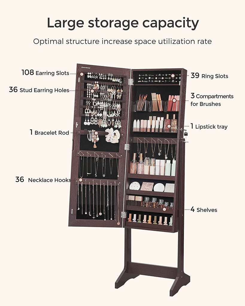 Jewelry Cabinet Armoire with Full-Length Frameless Mirror - Brown