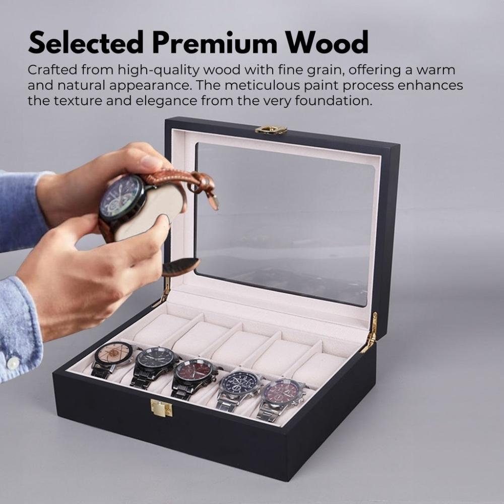 10 Slot Watch Display Box - Black Wood