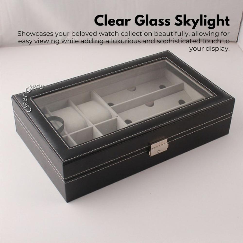 6-Slot Watch Box with 3-Slot Eyeglasses PU Leather Display Case (Black)