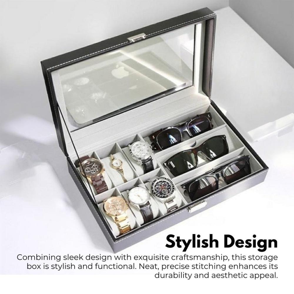 6-Slot Watch Box with 3-Slot Eyeglasses PU Leather Display Case (Black)