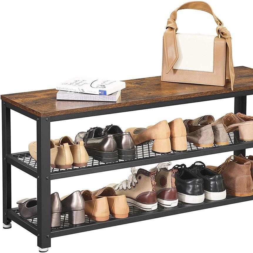 3 Tier Shoe Storage Bench 100cms - Rustic Brown and Black