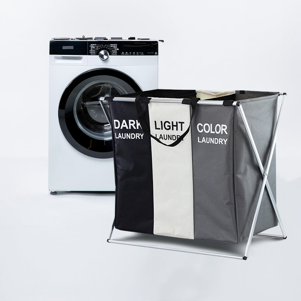 Foldable Laundry Cloth Hamper with 3 Sections - 135L (White + Grey + Black)