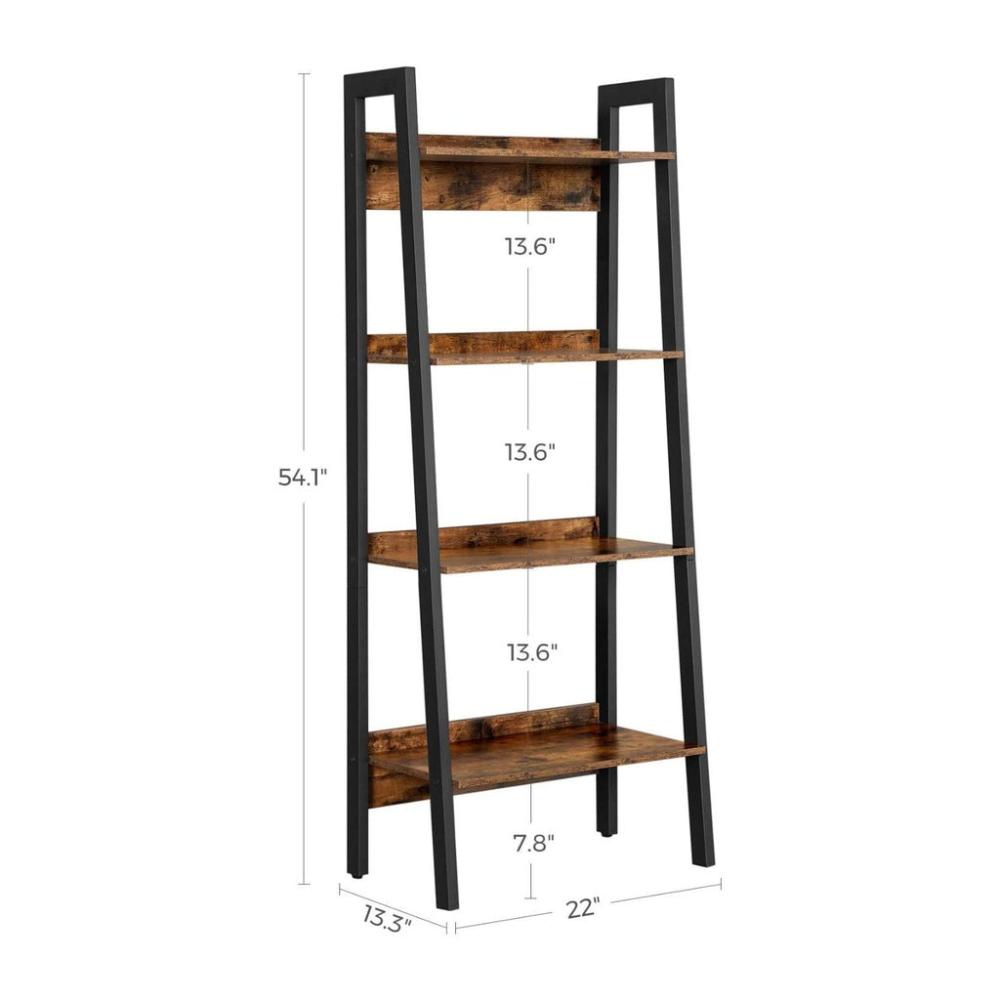 Ladder Shelf 4-Tier Home Office Bookshelf - Rustic Brown and Black