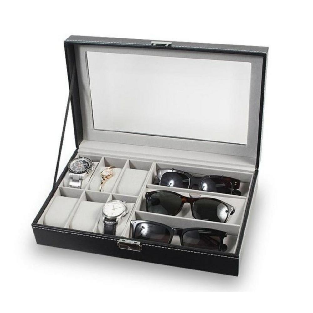 6-Slot Watch Box with 3-Slot Eyeglasses PU Leather Display Case (Black)