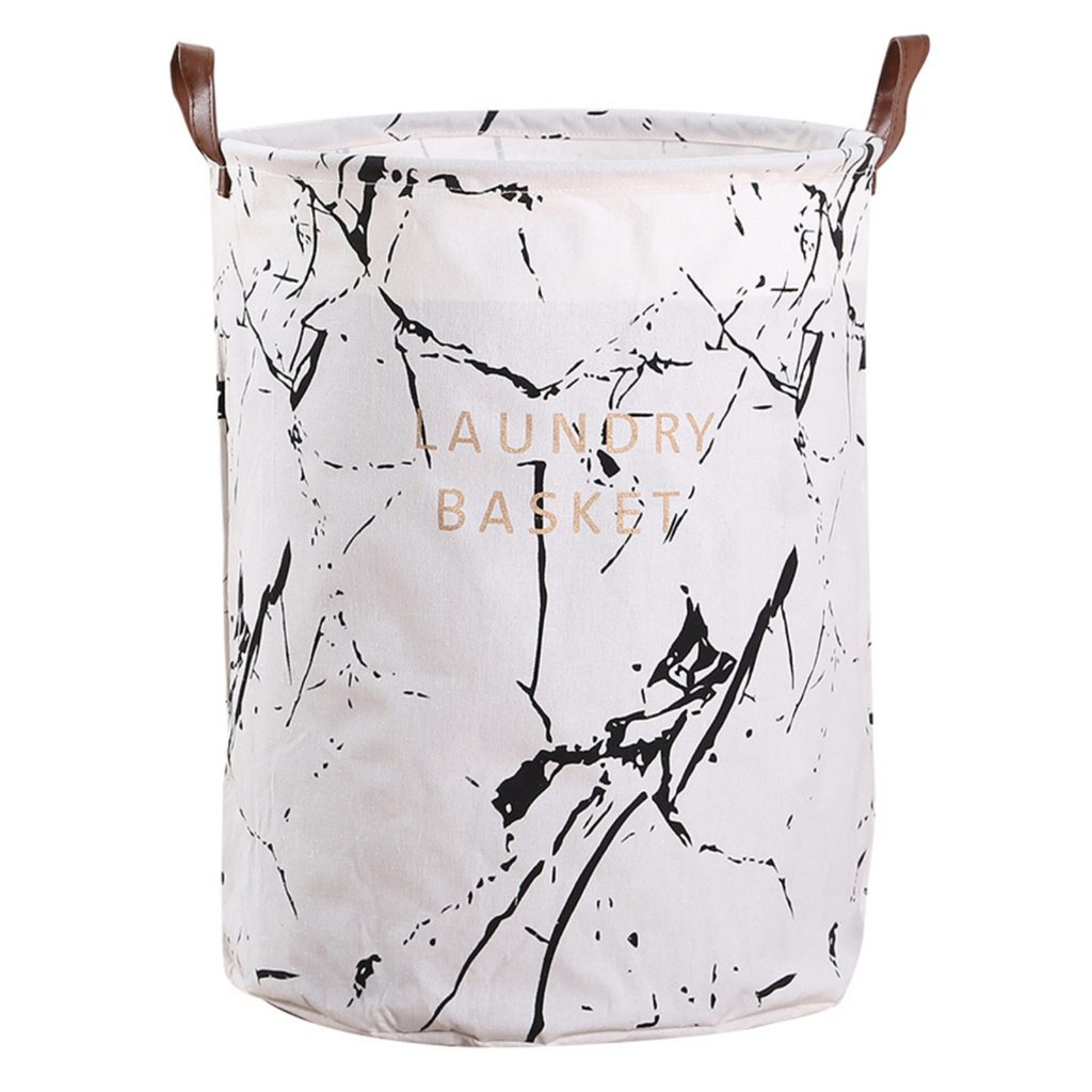 Round Foldable White Black Marble Design Laundry Basket