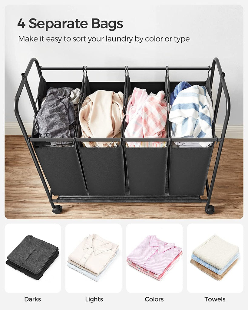 4-Bag Laundry Sorter Rolling Cart with Hanging Bar