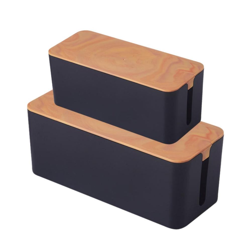 Set of Two Cable Management Box with Wood Pattern Lid -Black