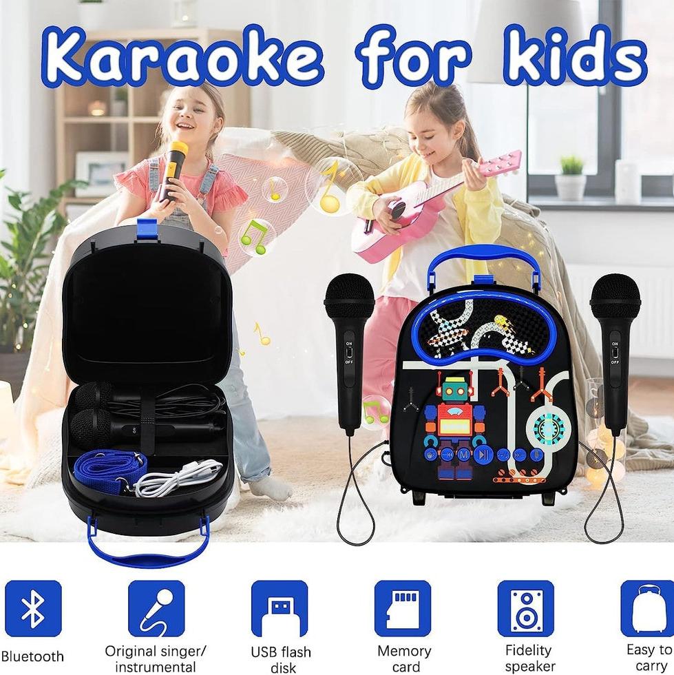 Kids Portable Karaoke with Two Microphones (Rectangle, Black Robot)