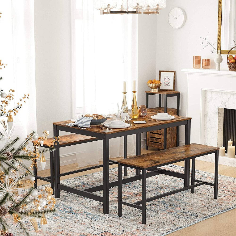 Timeless Rustic Brown Top Set of 2 Dining Benches