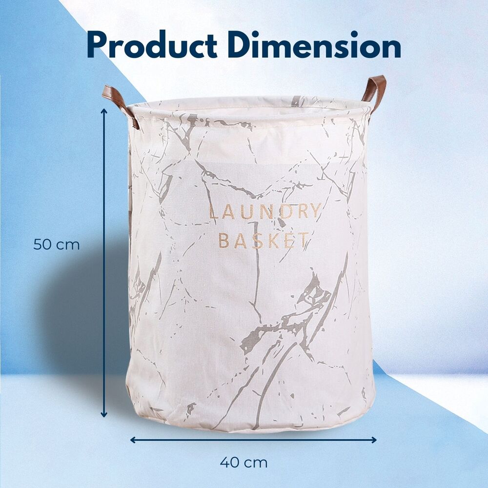 Round Foldable White Grey Marble Design Laundry Basket