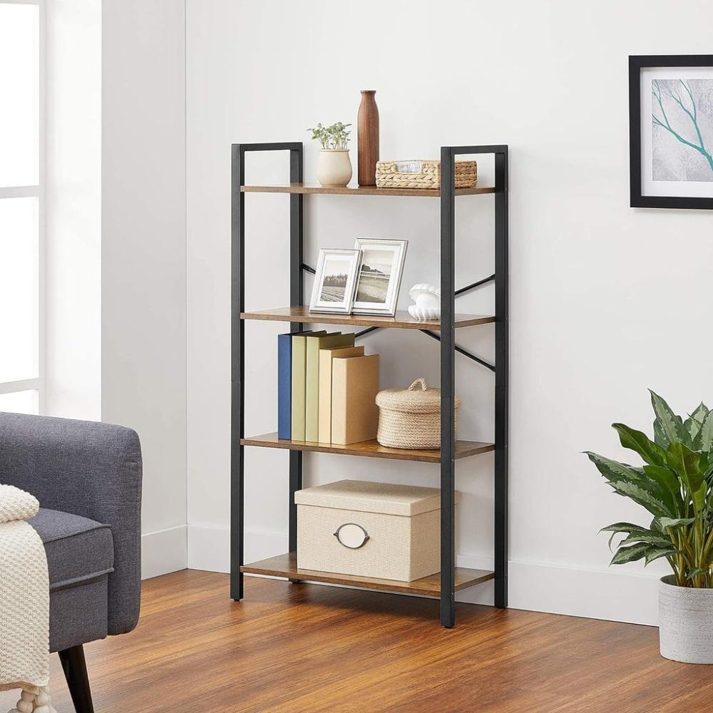 4-Tier Bookshelf Storage Rack with Steel Frame - Rustic Brown and Black