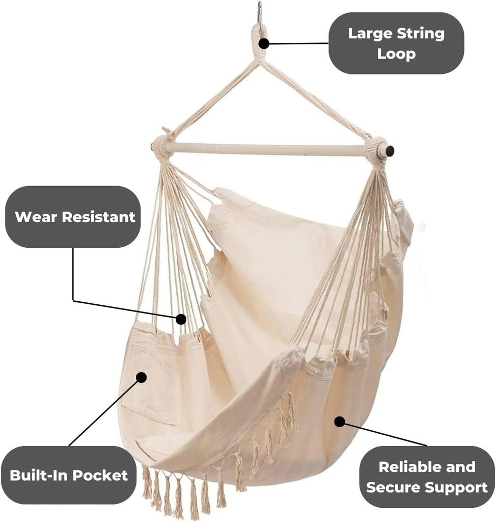 Hammock Chair Swing with Cushion and Pillow - Beige