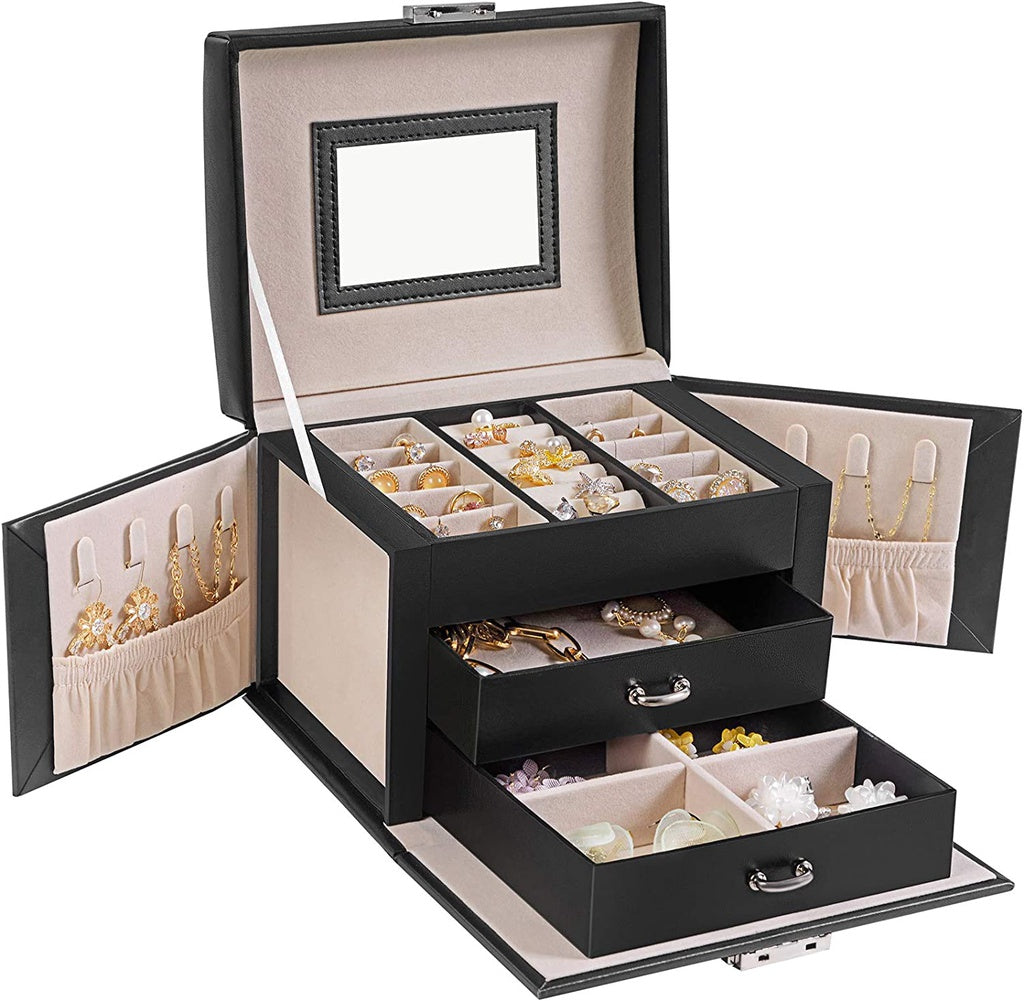 Lockable Jewellery Box Case with 2 Drawers and Mirror - Black