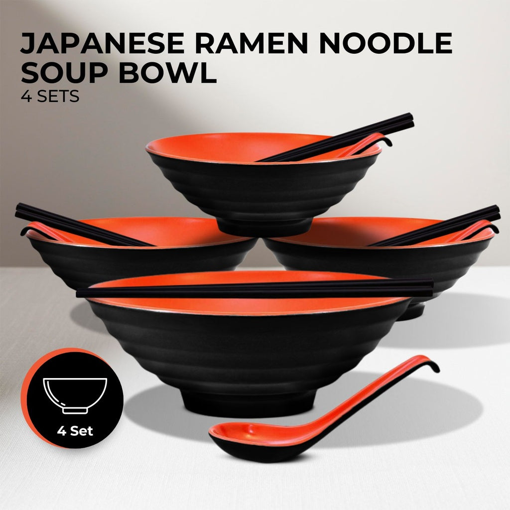 Noodle Soup Bowl Dishware - 4 Sets (12 Piece) (Red and Black)