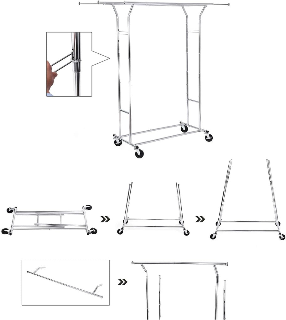 Metal Clothes Rack Stand on Wheels Heavy Duty - Silver