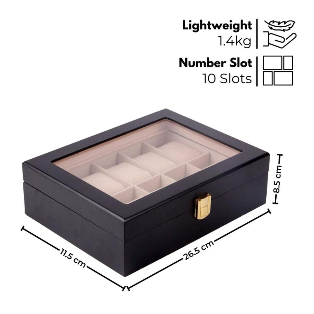 10 Slot Watch Display Box - Black Wood