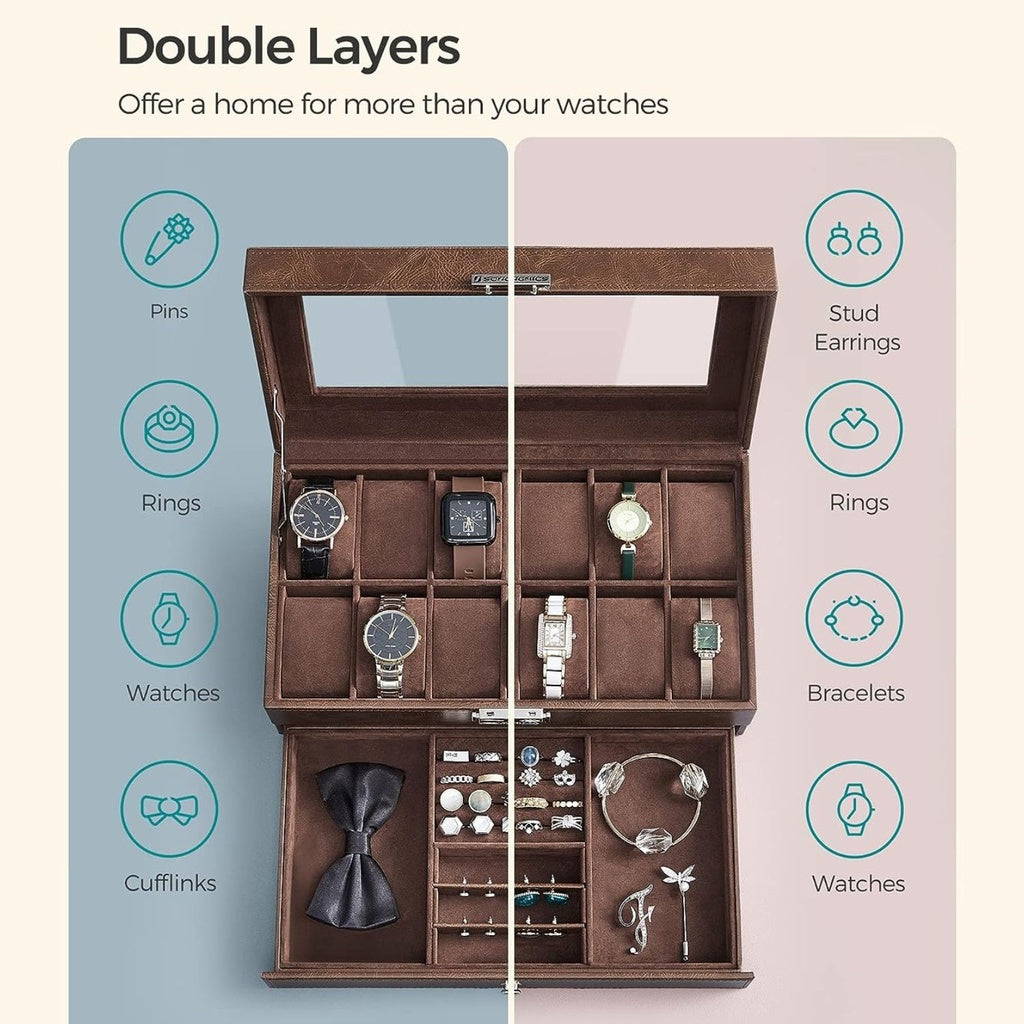 2-Tier Watch Box for 12 Watches with Glass Lid