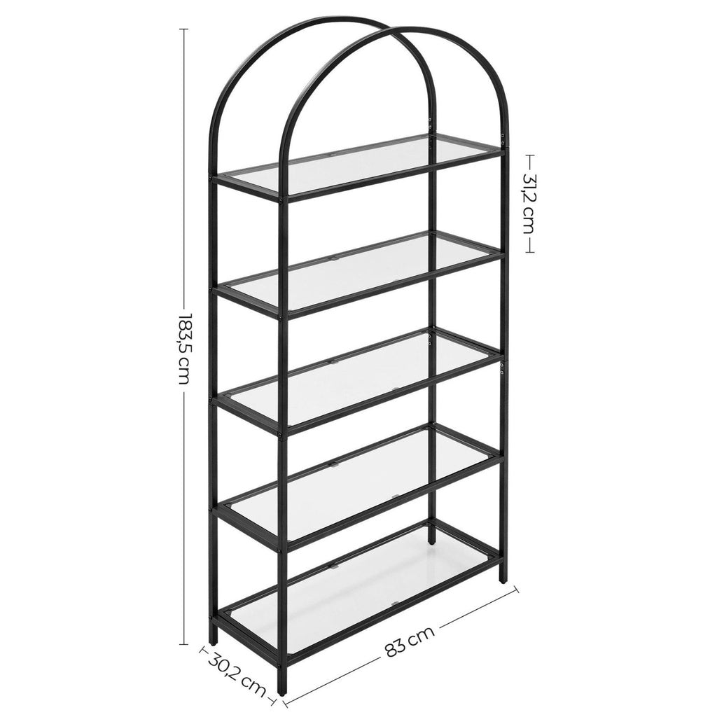 Bookshelf 5 Tier Tempered Glass with Metal Frame Black