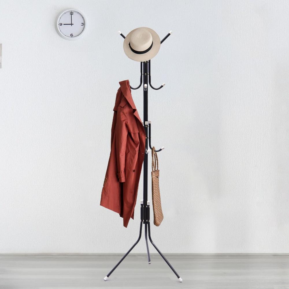 12 Hook Metal Coat Rack Stand with 3-Tier Hat Hanger - Black