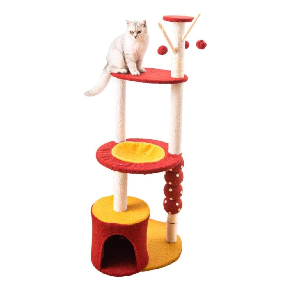 Plush Cat Condo Cat Tree - Red Yellow 130cms