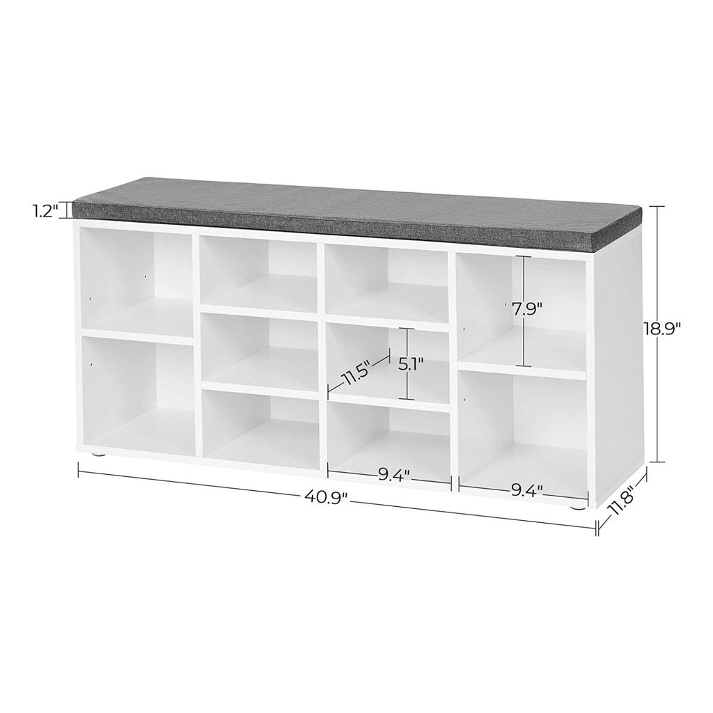 Storage Shoe Bench 10 Compartments with Cushion - White and Gray