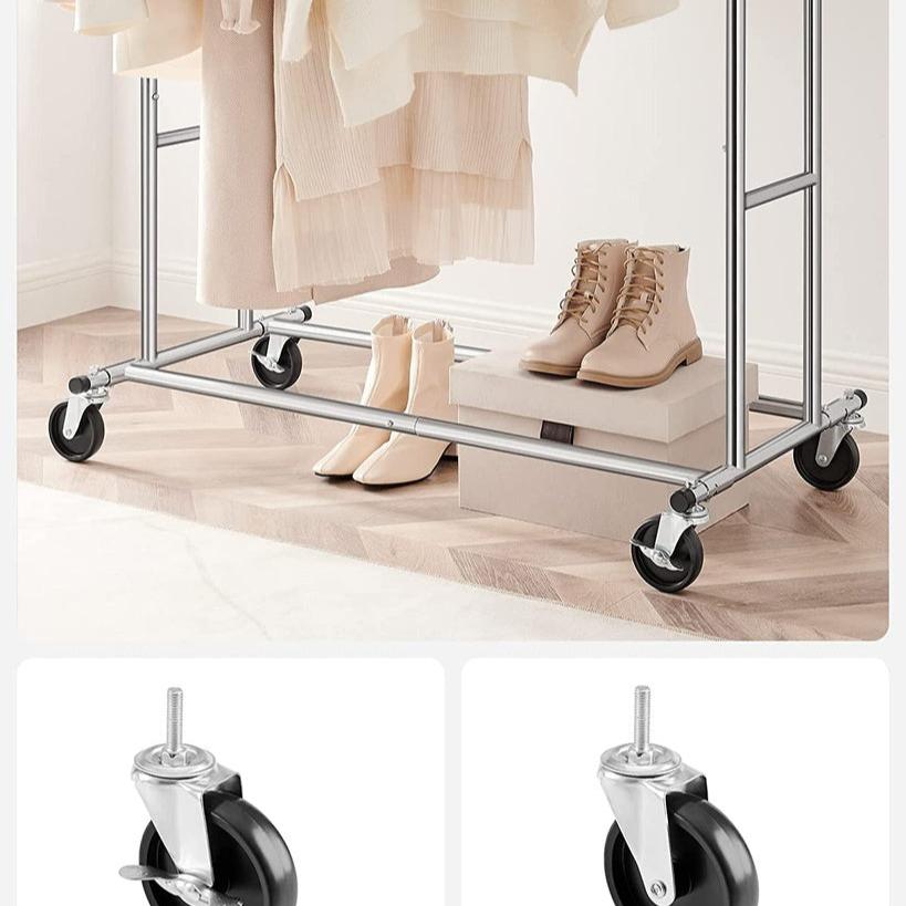 Metal Clothes Rack Stand on Wheels Heavy Duty - Silver