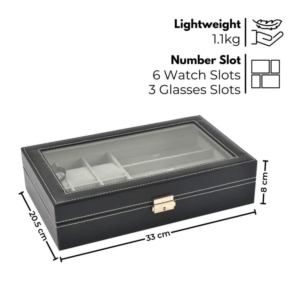 6-Slot Watch Box with 3-Slot Eyeglasses PU Leather Display Case (Black)