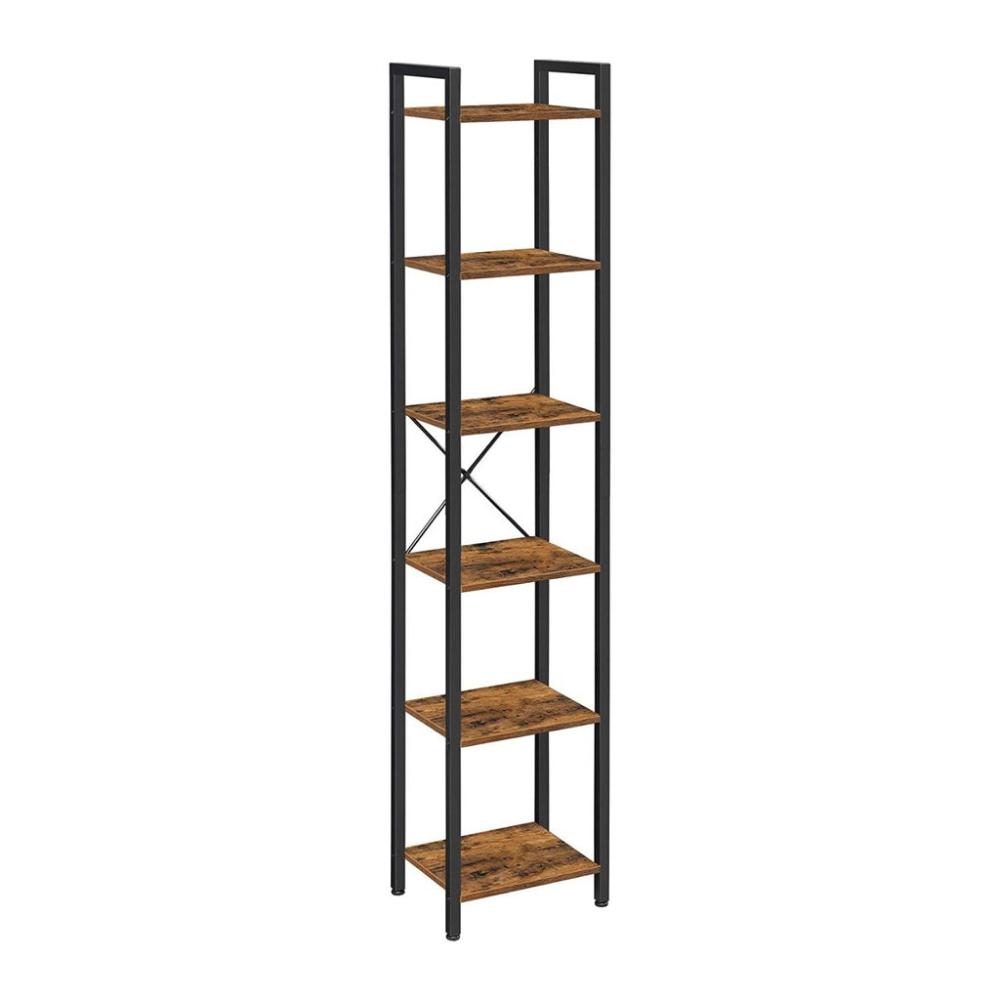 Narrow Bookcase Small 6-Tiers Bookshelf - Rustic Brown and Black