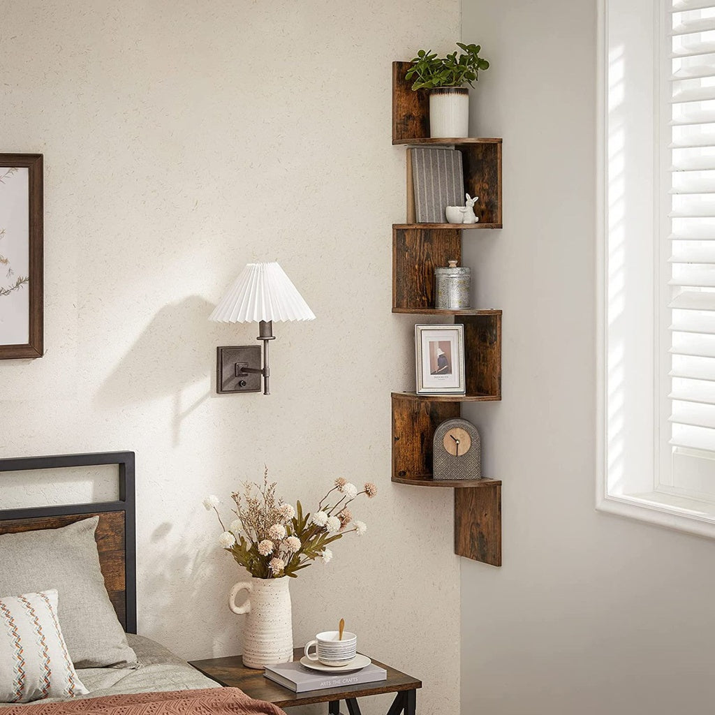 5-Tier Floating Corner Bookshelf - Rustic Brown