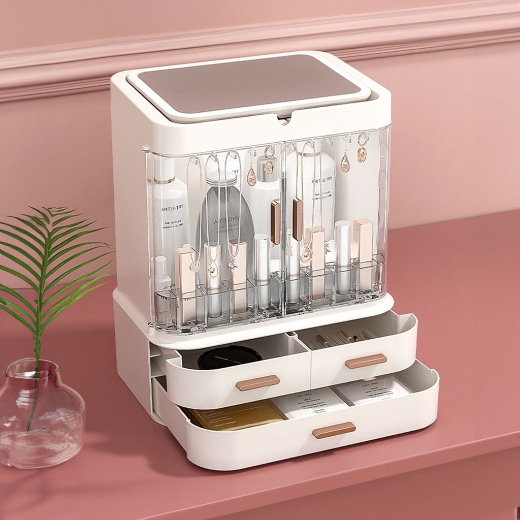 LED Makeup Organizer with LED Makeup Mirror (White)