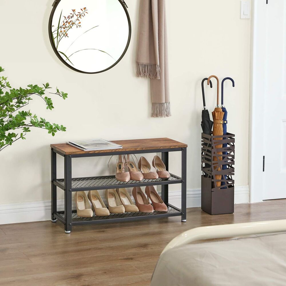 3 Tier Shoe Storage Bench 73cm - Rustic Brown and Black