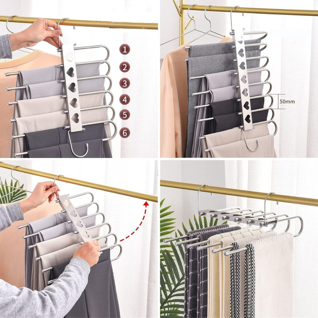 6 in 1 Non-Slip Metal Stainless Steel Hangers Pack of 2 (Silver)