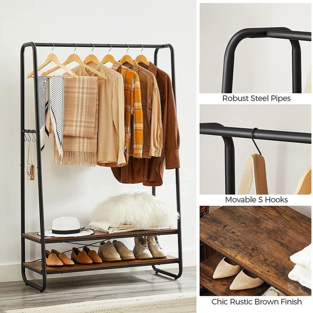 Clothes Rack with 2 Shelves - Rustic Brown and Black