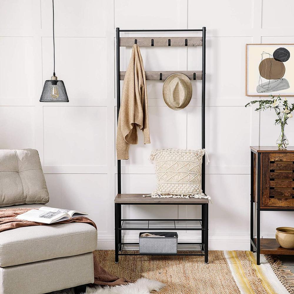 Coat Rack Stand Shoe Bench with Shelves - Greige