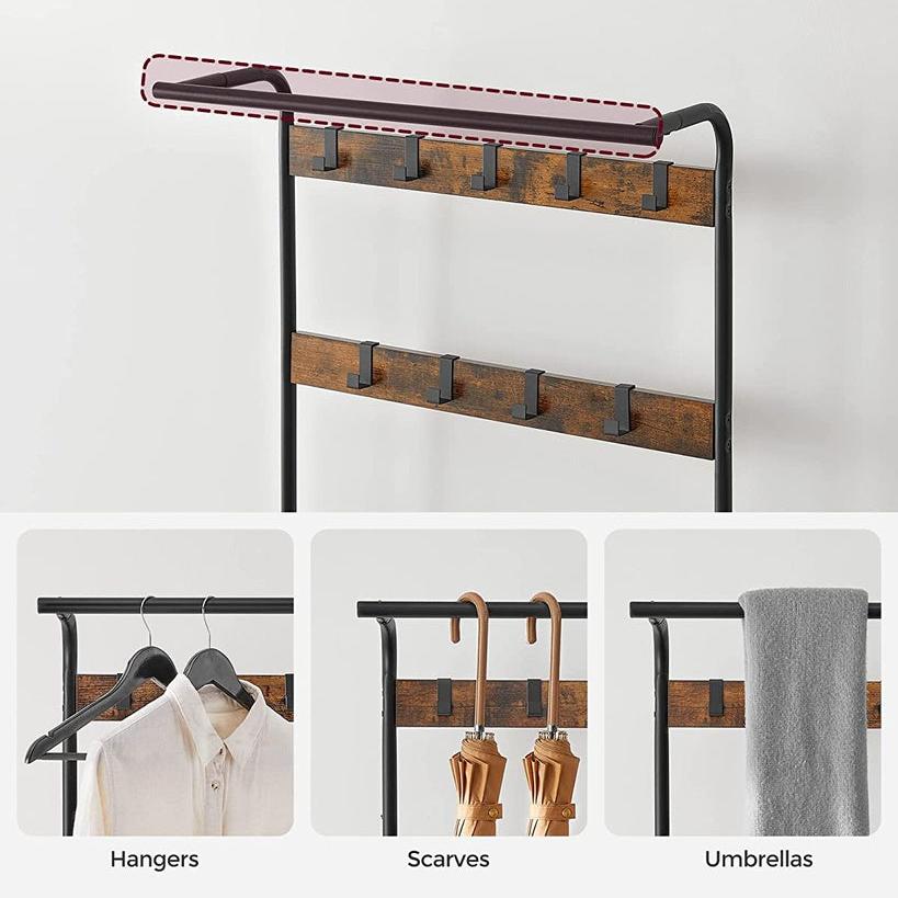 Coat Rack Hall Tree with Shoe Bench 3-in-1 Design - Rustic Brown and Black