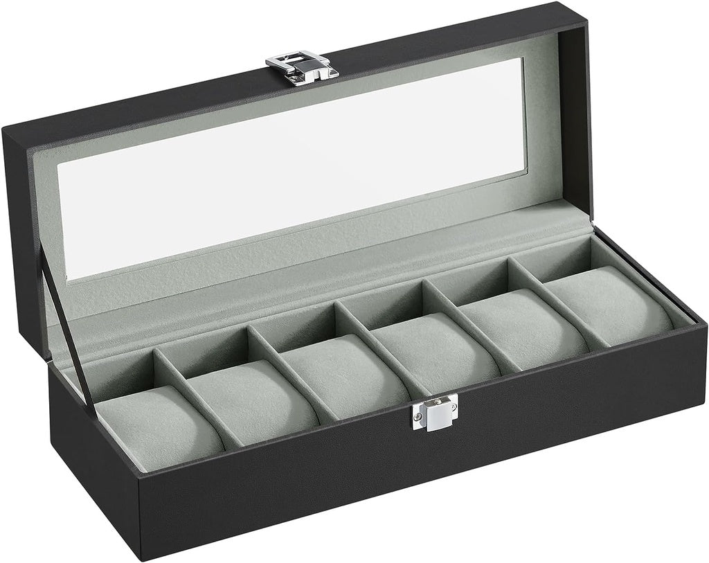 Watch Box for 6 Watches with Glass Lid - Black Synthetic Leather Grey Lining