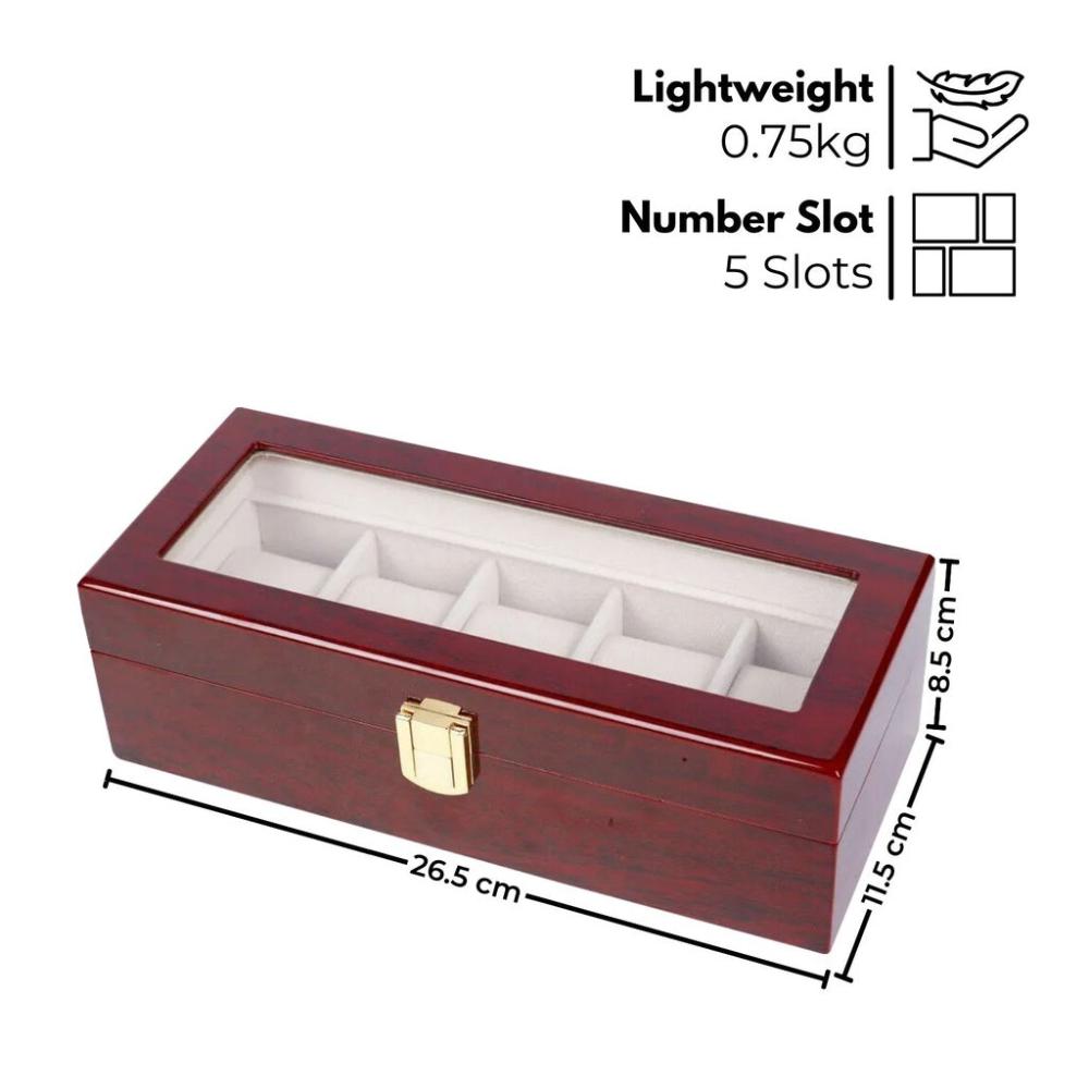 5 Slot Watch Display Box - Red Wood