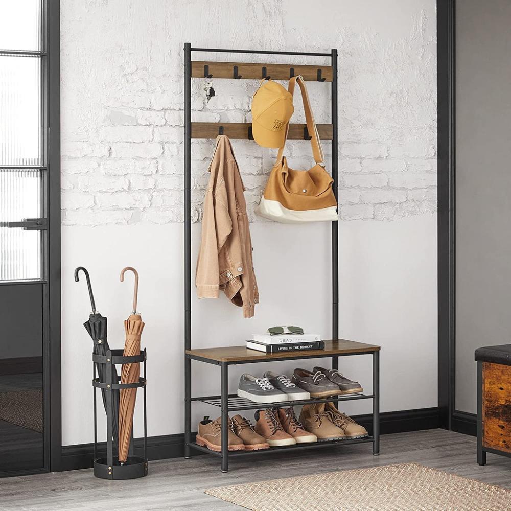 Coat Stand with Shoe Racks - Walnut Brown/Black