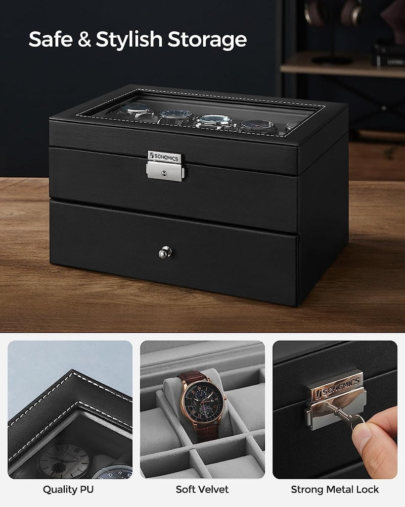 20-Slot 2 Layers Watch Box with Glass Lid