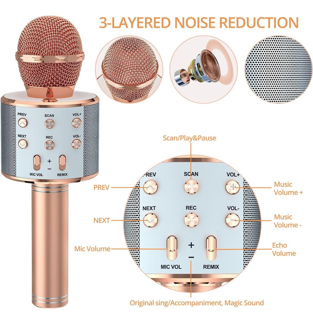 4 in 1 Wireless Bluetooth Karaoke Microphone with Record Function (Rose gold)