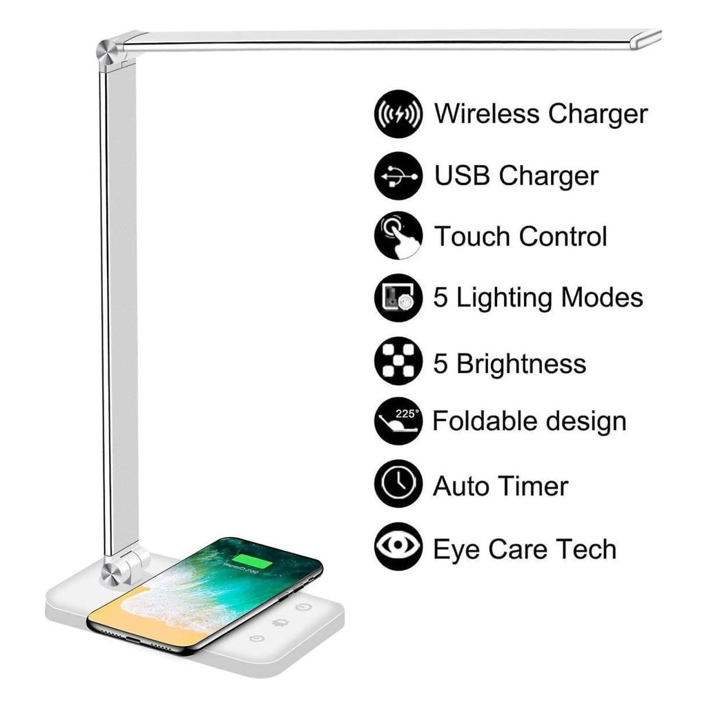 LED Desk Lamp with Wireless Charger & USB Charging Port (White)