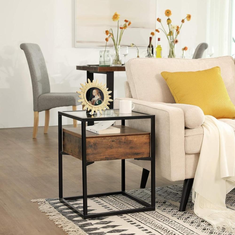 Side Table Tempered Glass End Table - Rustic Brown and Black